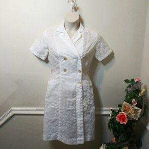 Vintage 1950-60's Handmade Ivory Embroidered Taffeta Double Breasted Shirt Dress